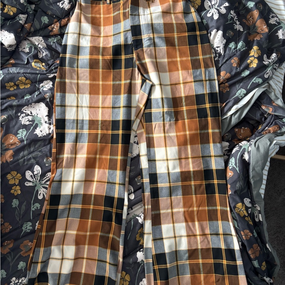 Free People Plaid Wide Leg Pants - Brown, Black, White